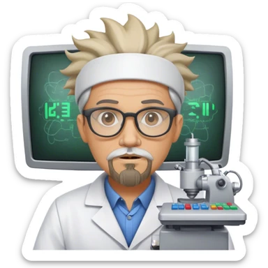 Mad scientist with a goatee and glasses named Omni with headgear on and a computer sticker