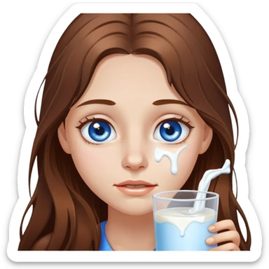 Blue eyed long brown hair girl with milk dripping off face sticker
