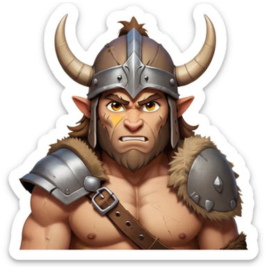 Clash of Clans aesthetic friendly Barbarian Portrait Emoji, Poised and bold with a rugged yet cartoonish build in tattered furs and a horned helmet, his face rendered in a natural skin tone (not yellow), expressive bright eyes and a confident smirk, Simplified yet dynamic features, highly detailed, glowing with a vivid, adventurous aura, high shine, heroic and spirited, stylized with an air of medieval warrior charm, focused and energetic, soft glowing outline, capturing the essence of a fearless barbarian adventurer ready to lead his clan with spirited valor! sticker