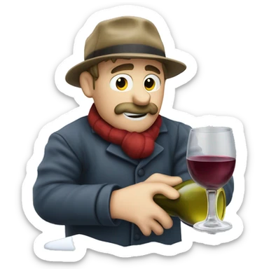 Drunken postman in snow drinking from wine decanter sticker