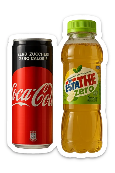 lattina di coca cola zero fluttua accanto a bottiglia di esta-thè zero, iperrealistiche 4k sticker
