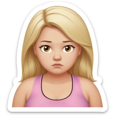 Create a young woman with long blonde hair, golden eyes, and medium-light skin tone, wearing a light pink tank top and leggings. but she is overweight  She should be in portrait mode, but with a subtle doubting facial expression—slightly raised eyebrow, small frown, sticker