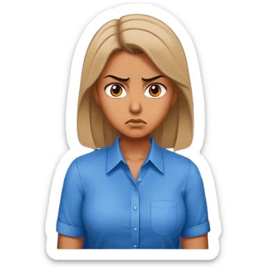 Woman in a blue shirt in an office looking mad sticker
