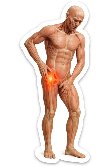 CORPO UMANO ANATOMICO A FIGURA INTERA REALISTICO CHE SI TOCCA L'ANCA INFIAMMATA, DOLORE ALL'ANCA, IPERREALISTICO 4K sticker