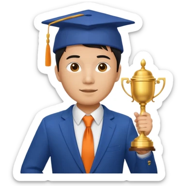 An asian man wearing student hat, blue suit and orange tie, holding a trophey sticker