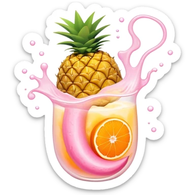 Golden pineapple, orange mango slices, pink papaya pieces, and a swirling white kefir drink floating around a glowing stomach. Light streams flow through the digestive system, showing enzymatic action dissolving blockages. sticker