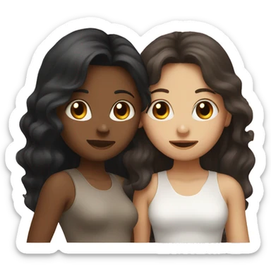 Two girls kissing. One is white with long black straight hair. One is white with short brown curly hair.  sticker