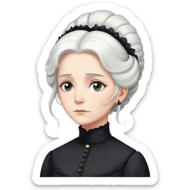 A Victorian woman with elegant coiffed white hair and light eyes wearing a modest unadorned black turtleneck mourning dress looking down with a forlorn expression sticker