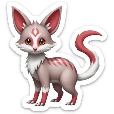 Minccino-Lykoi-Emolga-Pachirisu-Zangoose-fusion-hybrid-animal-Fakémon-creature, full body, thin long sleek scaly tail, intricate markings sticker