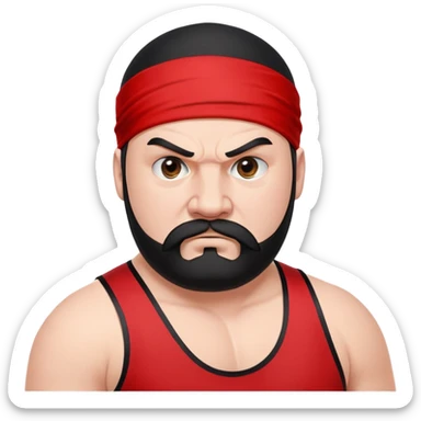 Close-up of extremely fat white skin guy with young face, prominent BLACK DURAG tied clearly on head, distinct black beard and mustache, no muscle, black eyes in a red and black wrestling singlet with angry face sticker