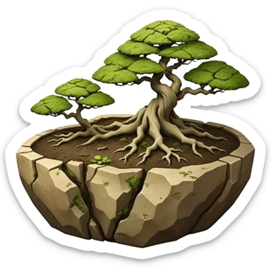 Roots Stoneware akadama moss on soil irregular angular Stone Age rocks cracked crags and broken rough edges forming a very shallow bonsai pot sans(without) tree  sticker