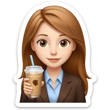 Women in front of laptop with a happy face, long light brown hair, light brown big eyes, light pale skin with a iced coffee on the side, business attire sticker