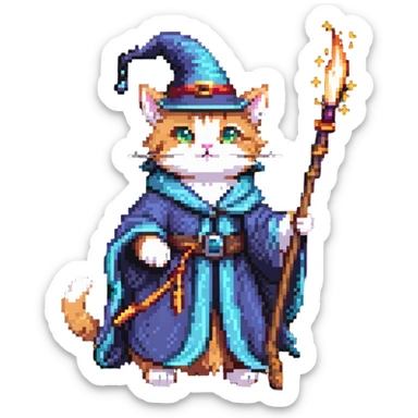 A cat wizard casting a spell with magical staff and flowing robes sticker