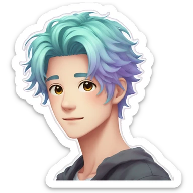 Gorgeous anime style shojo guy with blushing face aesthetic and pretty colorful shiny gradient pastel hair trending style sticker