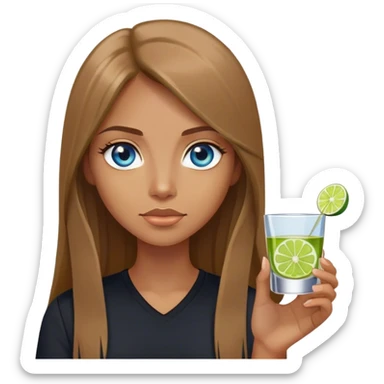 tan woman, black shirt, long light brown straight hair, grey blue eyes, holding a shot with lime sticker