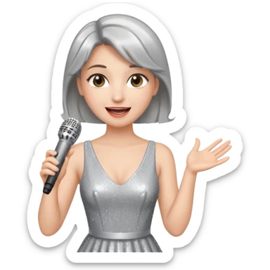 A female singer in sparkling dress holding a mic with emotional expression sticker