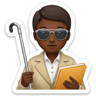 A blind person wearing sunglasses and holding a guide cane sticker