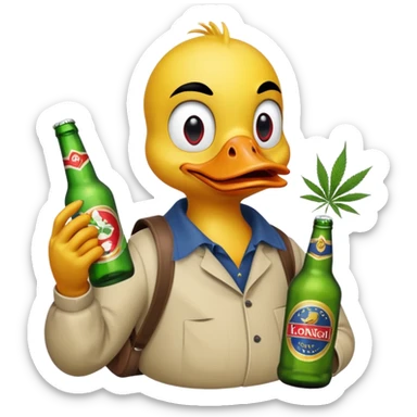 Drunk and high duck animal holding wĺeed bottle and a bag of weed. Looking really drunk sticker