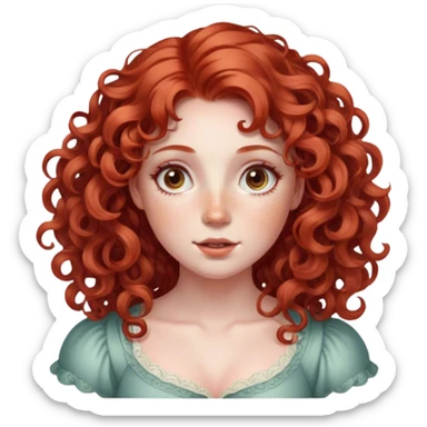 lady with Soft, round face, rosy cheeks, wide expressive eyes, wavy red hair, often styled in intricate ringlets, Fair skin, freckles, sticker