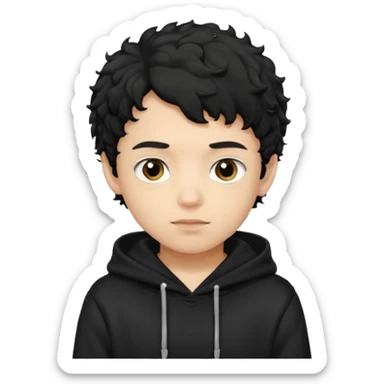 Now create boy with little bit curly dark black hair with black hoodie on and make him light skin sticker