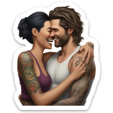 Hyper Realistic beautiful woman in the arms of a very handsome tattooed man laughing  sticker