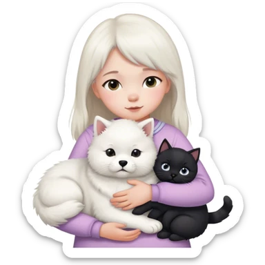 Samoyed and black British cat hug children in pastel clothes sticker