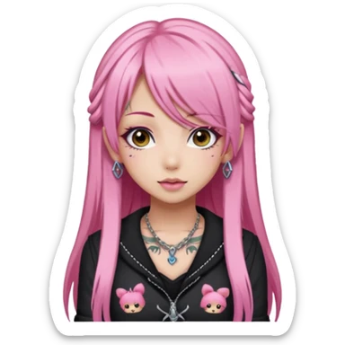 hime gyaru girl with long straight pink hair, tattoos, dark makeup sticker