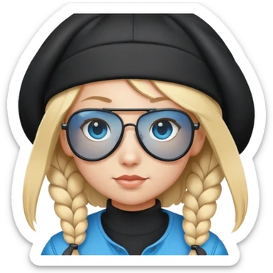 girl with pigtailed blond hair
with blue eyes and aviator sunglasses

wearing a black plain beanie sticker