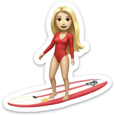 A young women with blond hair a red long sleeve and red bikini bottoms surfing on a turquoise surfboard with a white line on the surf board sticker