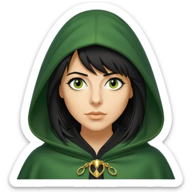 claudia winkleman as a traitor with a green hooded cloak with a gold clasp and dark black eyeliner sticker