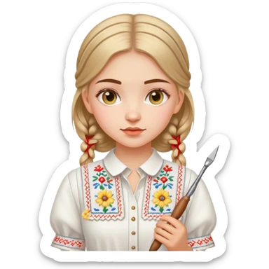 Ukrainian young girl in white embroidered traditional shirt holding needlework tools sticker