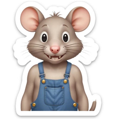 cartoonish skinny drunk hillbilly rat wearing overalls no shirt standing and talking. human eyes. teeth showing sticker