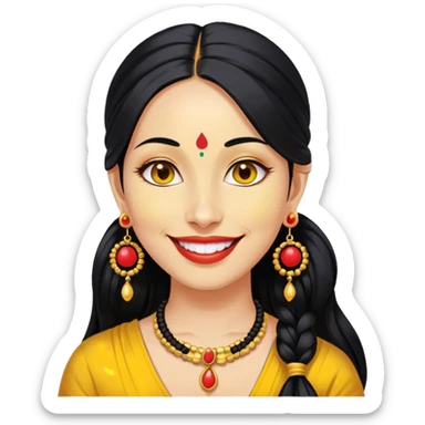 Phụ nữ 35 tuổi, da vàng, tóc buộc dài màu đen, có chấm đỏ bindi trên trán, mặt cười tươi, đeo khuyên tai tròn to bằng vàng, nửa thân trên sticker