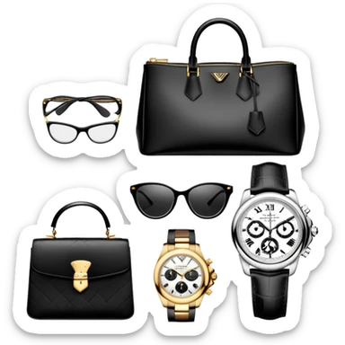bags and watches, and glasses, all black and white put together like a bundle with no face, all luxury items like lv, prada, and cartier, and rolex, but one of everything not two sticker