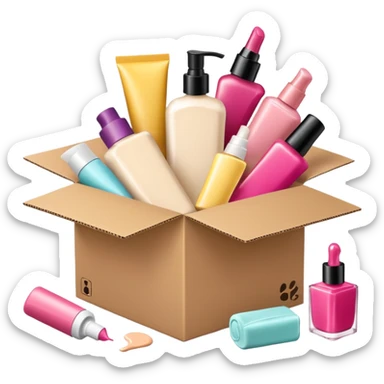 a cardboard box with assorted beauty products like compact, lotion, and nail polish spilling out with a blue background sticker