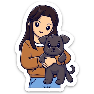 Kendall Jenner with long dark hair holding a brown teddy bear, a black schnauzer and a cow cat in her arms sticker