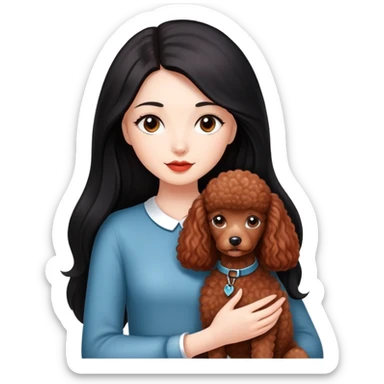 A beautiful girl with fair skin has long straight black hair and a miniature reddish-brown Poodle. sticker