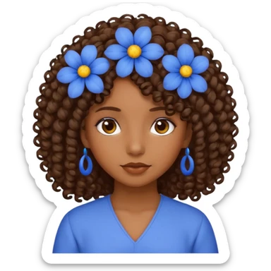 Qro uma moça morena de cabelo cacheado com uma flor azul no cabelo sticker
