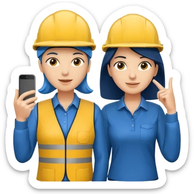 Um homem e uma mulher amarelos com capacete azul escuro e camisa social cinza. Um deles deve estar segurando um megafone  sticker