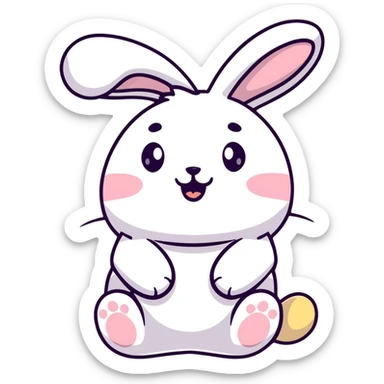 full-body plush toy bunny character with big round head, floppy ears, expressive cute eyes, laughing with closed eyes and little tears, soft kawaii pastel colors, hand-drawn Japanese stationery style kawaii sticker sticker