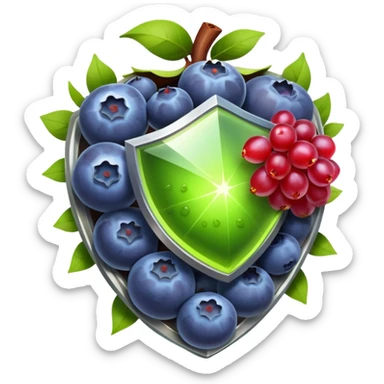 Antioxidant-rich foods (blueberries, pomegranate, grapes, dark chocolate, green tea) surrounded by a powerful, bright protective shield. The shield emits intense rays that destroy dark particles of free radicals, creating a strong protective barrier around body cells. sticker
