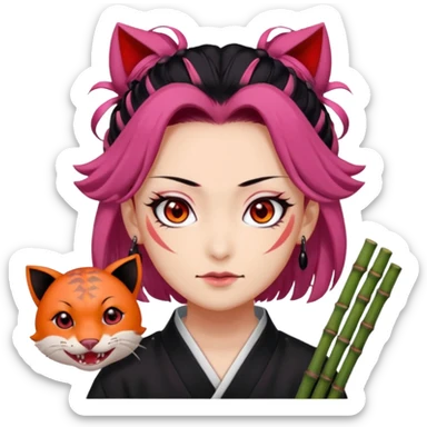 tanjiro: Kind red eyes, black hair with burgundy tips, forehead scar, tanned skin, Hanafuda earrings.                             nezuko:   Pink eyes, black-orange hair, fangs, bamboo muzzle. sticker
