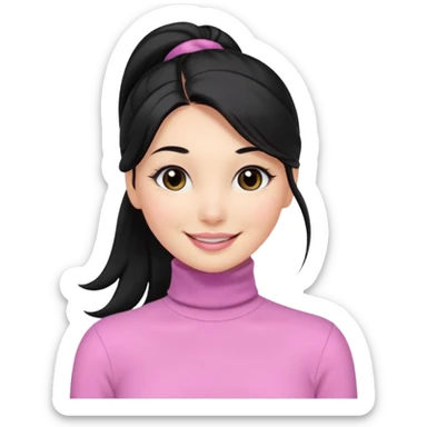 a woman with long sleeve turtle neck top and smile, her hair is long black one pony tail, her eyes color are black and the color of her lip is soft pink sticker