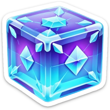 glowing ice crystal cube, icy neon cyan highlights, purple neon accents. sticker