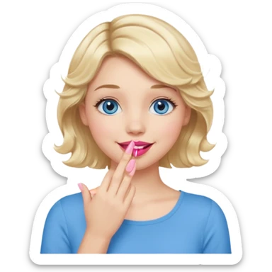Girl Blonde short wavy hair,  blue eyes, cute blue top, long lashes, pink lips, smiling, hand covering the mouth sticker