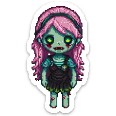 pixel art of a girl zombie with pink hair and bangs sticker