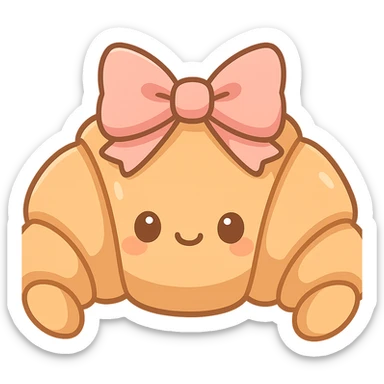 chibi sticker-style croissant with a bow, cute and exaggerated sticker