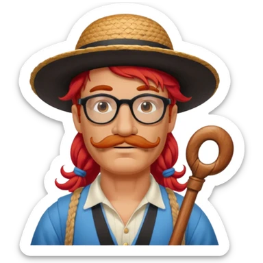 venice gondolier with long red hair, iconic hat, normal glassess and mustache sticker