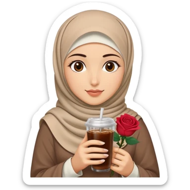 Turkish beautiful finish Konya girl eyes with beige hijab islamic dress and had on her hand Rose Cold brew coffee   sticker