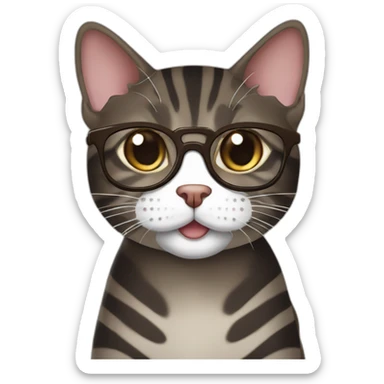 Striped wenge domestic shorthair cat with white mouth wearing glasses sticker